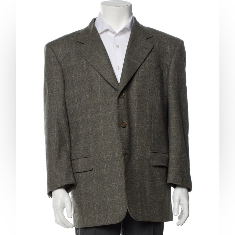 Ing. Loro Piana & C. Euromoda Wool Cashmere Gray Taupe Plaid Print Blazer Size M